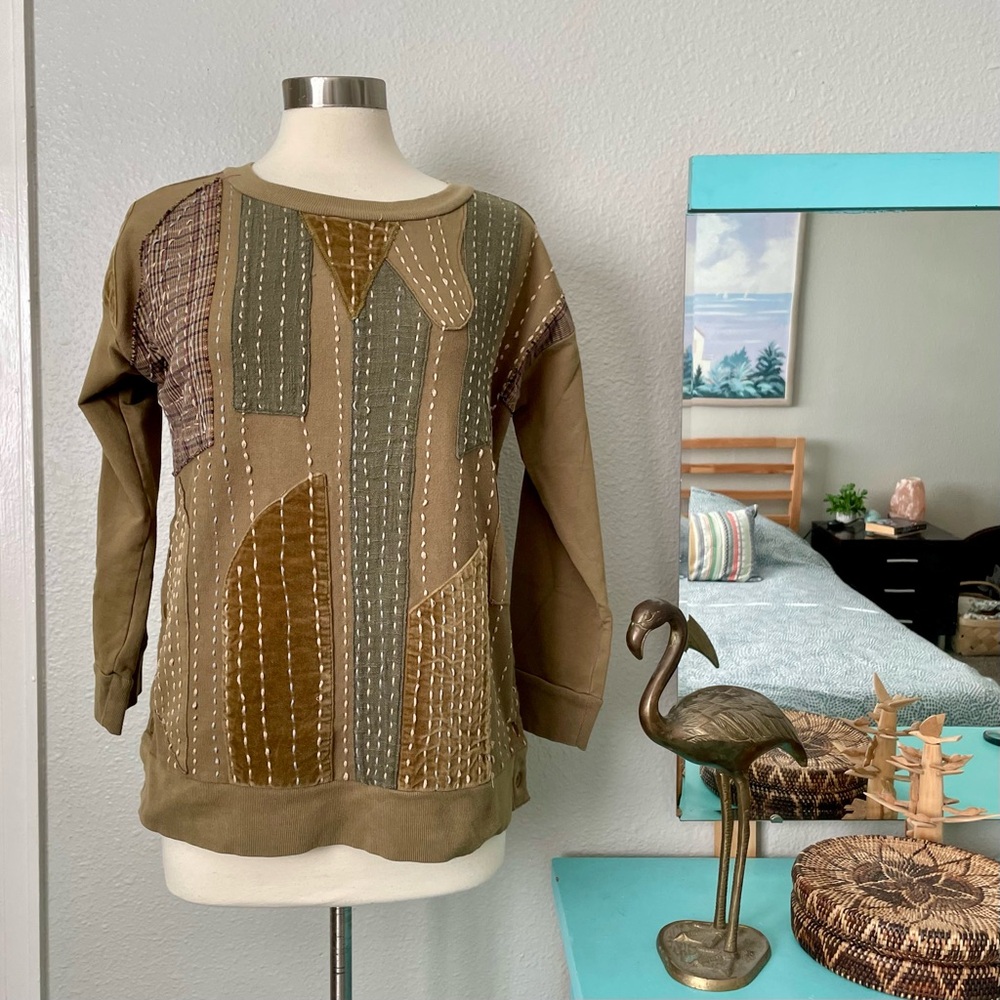 Donna Jessica? Patchwork Pullover Sweatshirt Olive Brown Mixed Media Embroidered